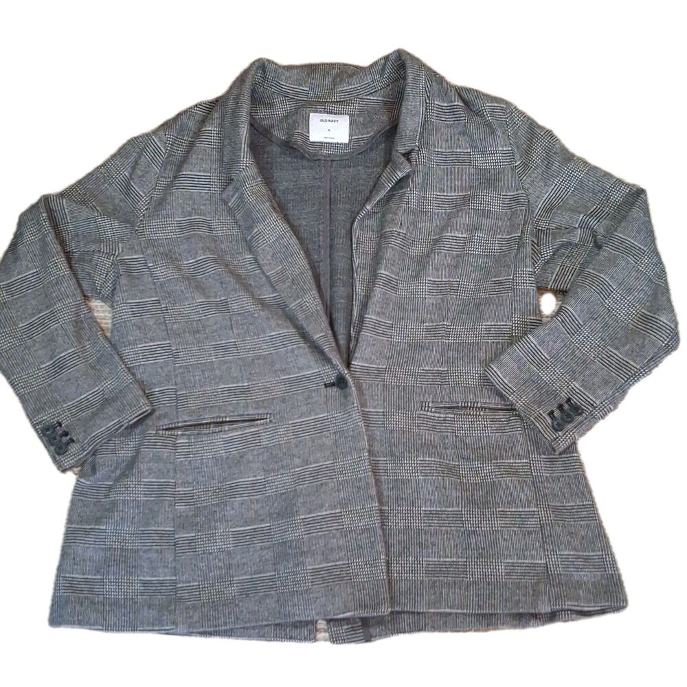 Old Navy Women's XL Gray Plaid Knit Blazer Jacket Career Work Professional...